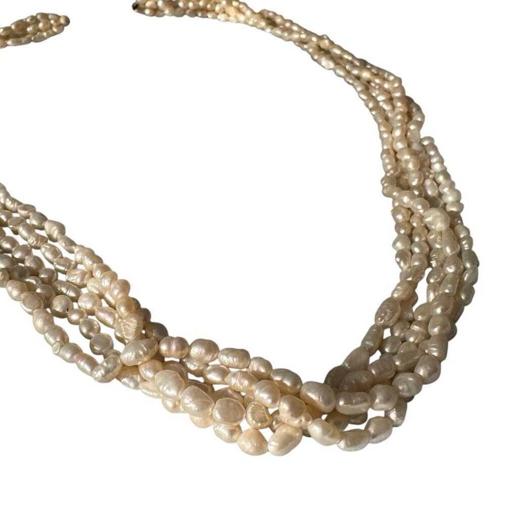 Vintage 80s Freshwater Rice Natural Pearl 5-Strand Layered Necklace 22”